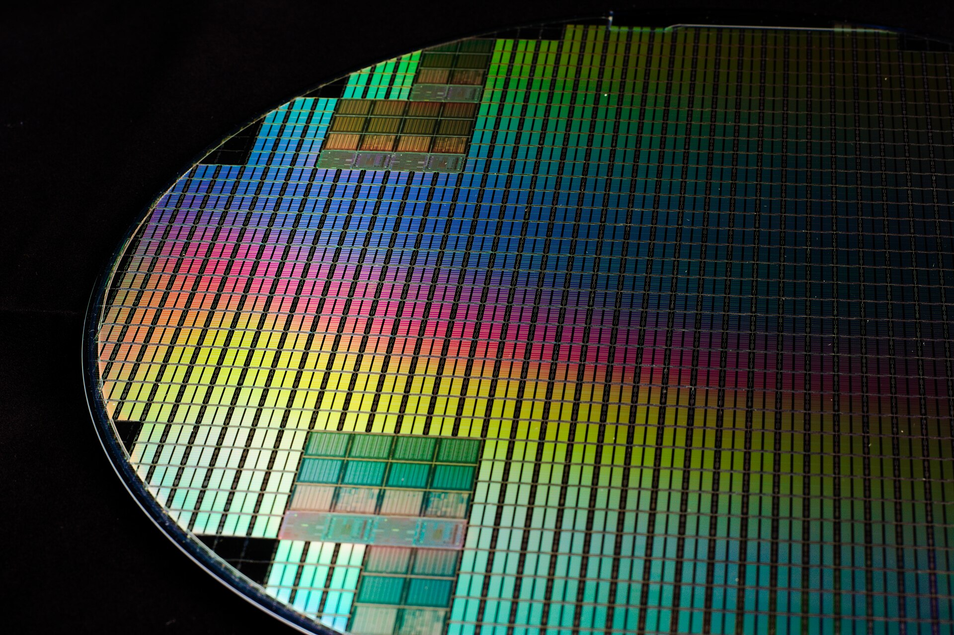 A silicon wafer patterned with hundreds of chips, United States