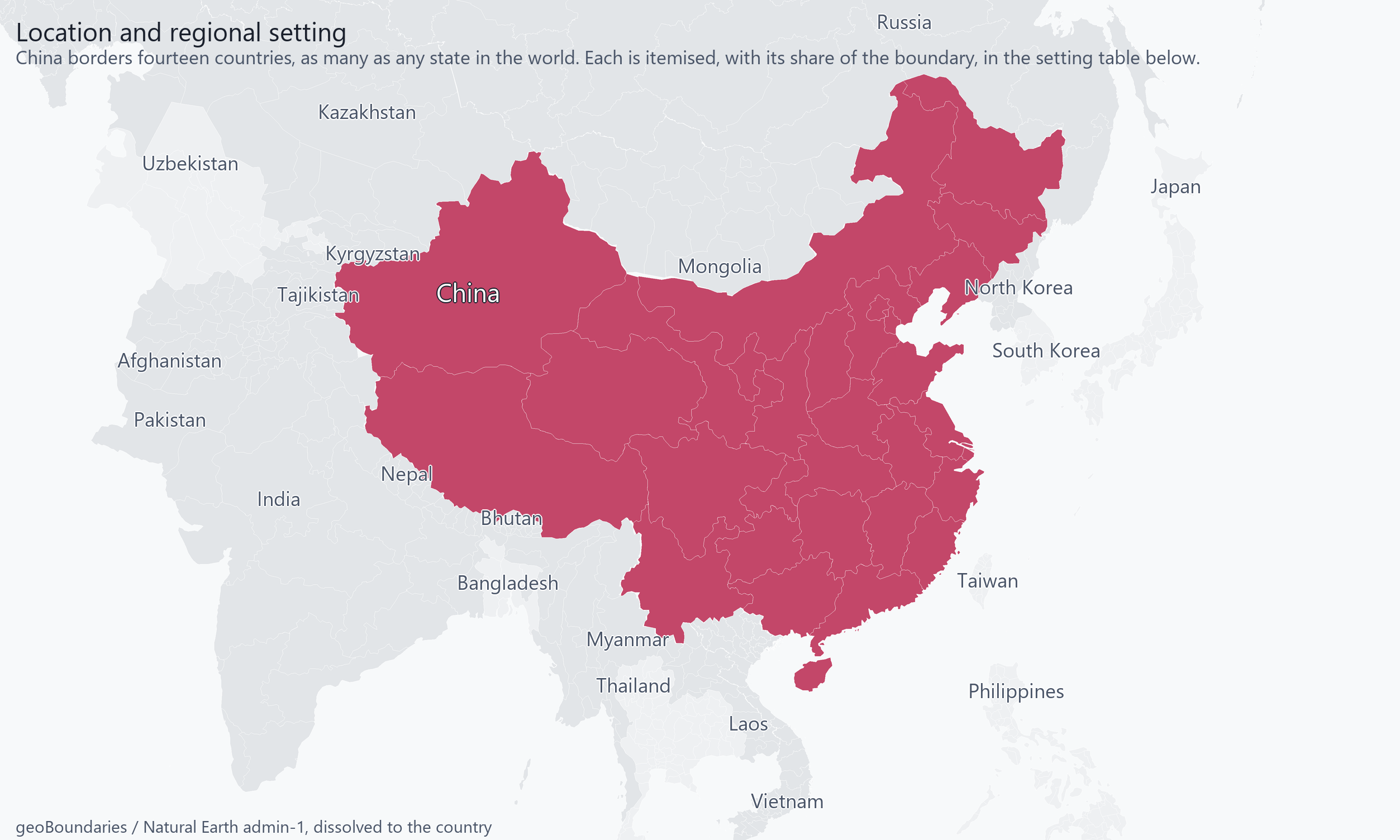 China and its neighbours, with the national boundary picked out against the surrounding states of East, South and Central Asia.