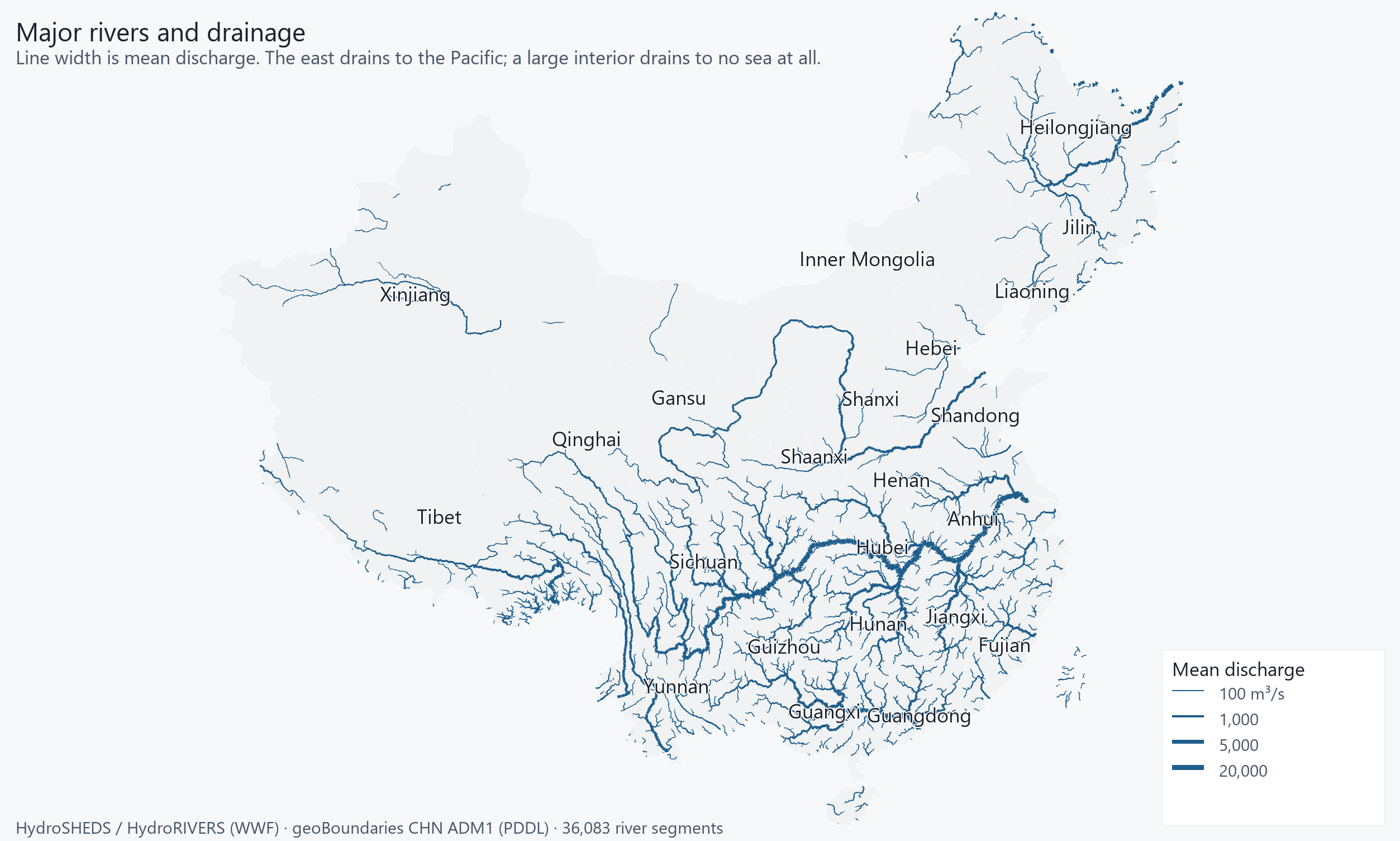 China's river network, with the Yangtze and Yellow river systems dominating the east and the interior basins draining nowhere.