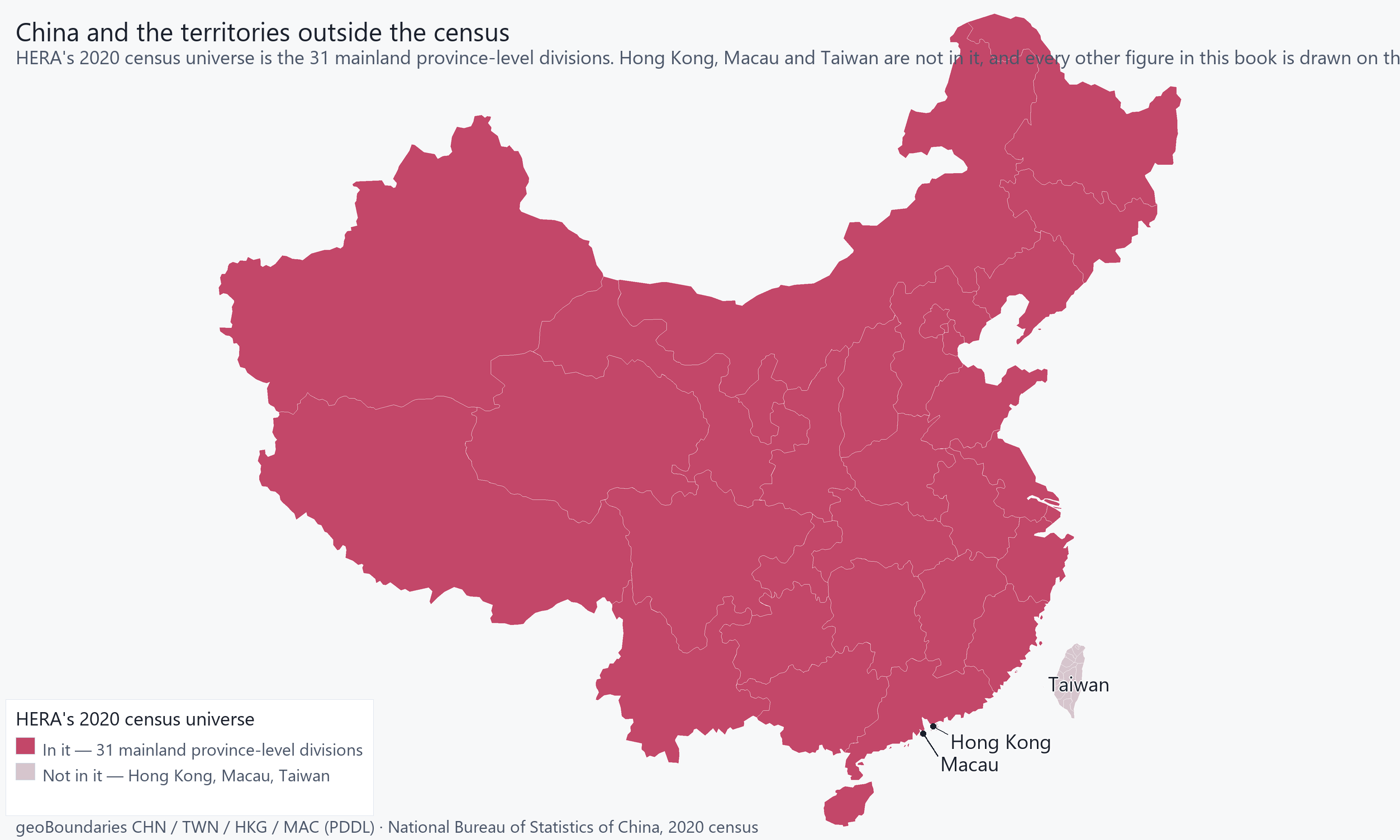 Mainland China's 31 province-level divisions in one fill, with Taiwan, Hong Kong and Macau in a second, lighter one and each named.