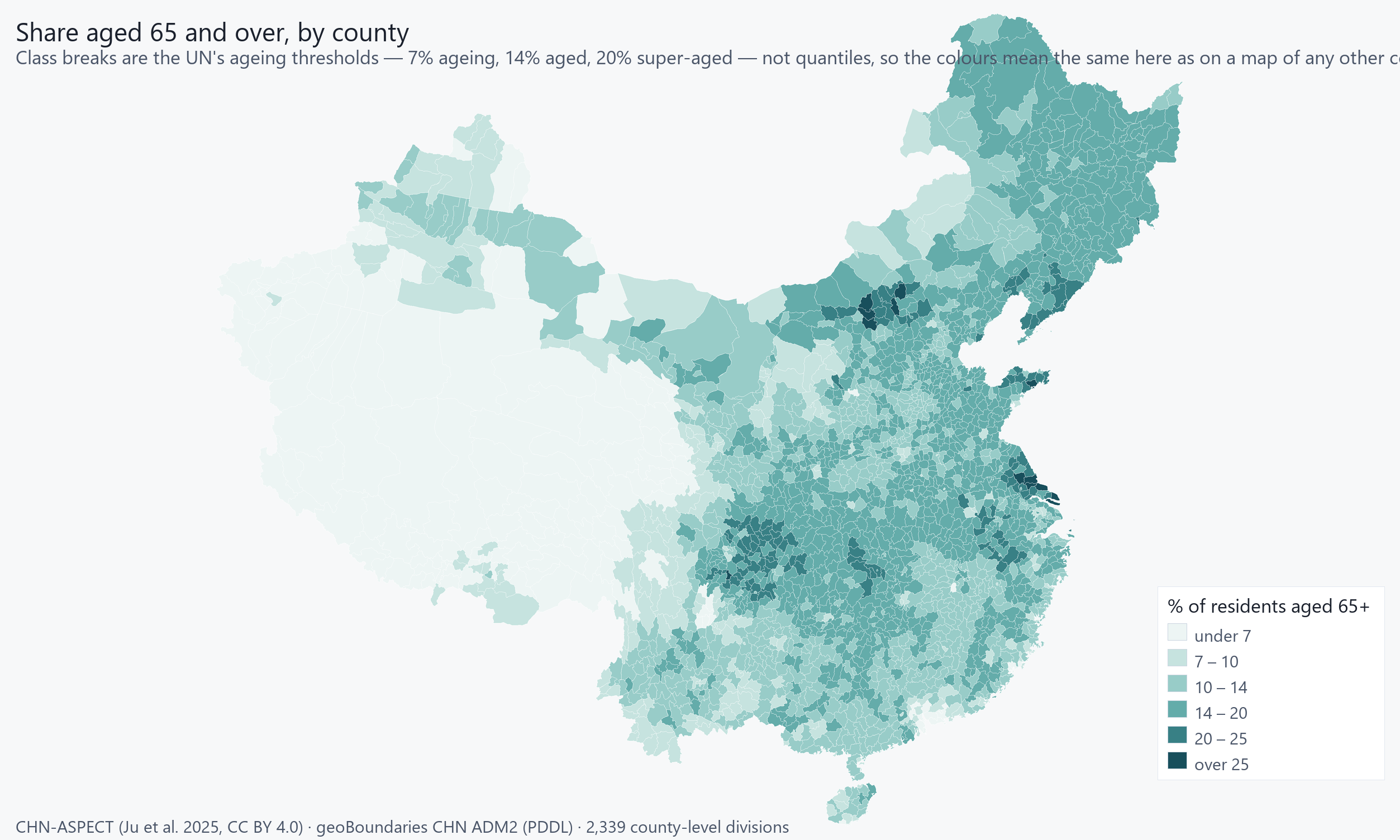 Share of residents aged 65 and over across 2,339 county-level divisions.
