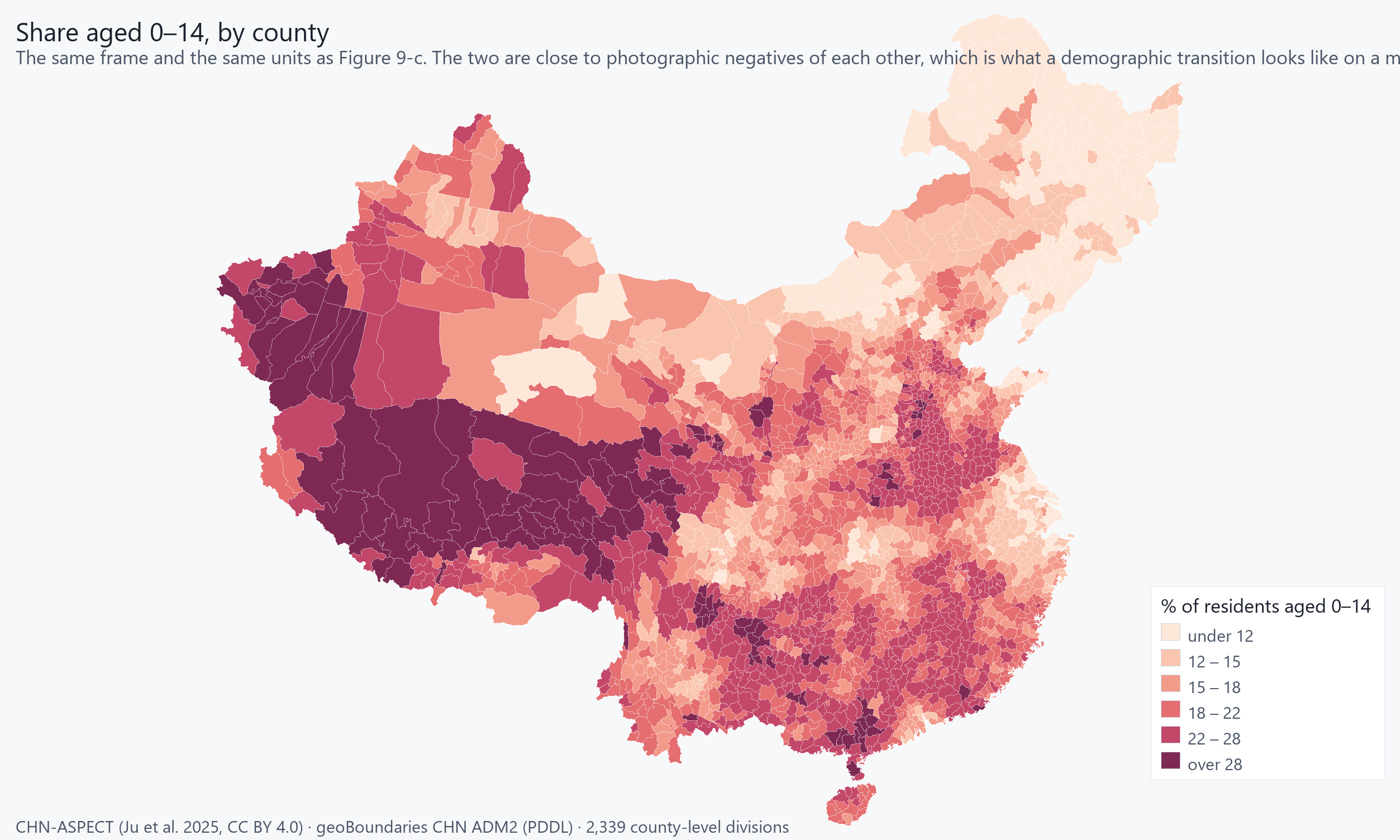 Share of residents aged 0 to 14 across the same county-level divisions as the ageing map.