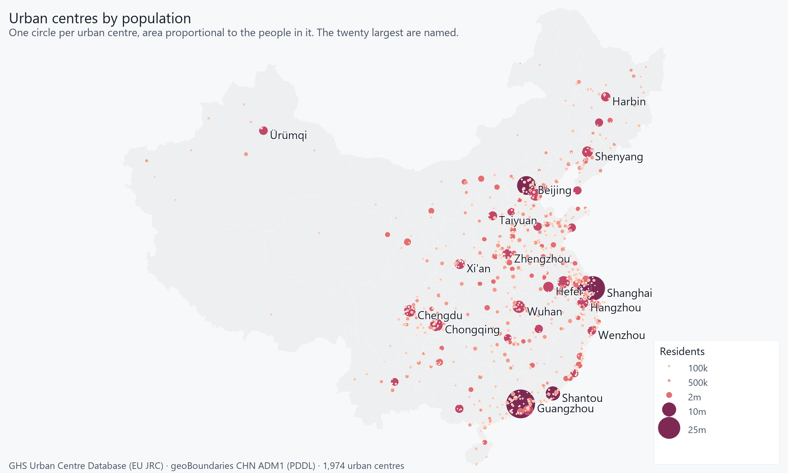 Proportional symbols for China's urban centres, sized by population, dense along the eastern seaboard.