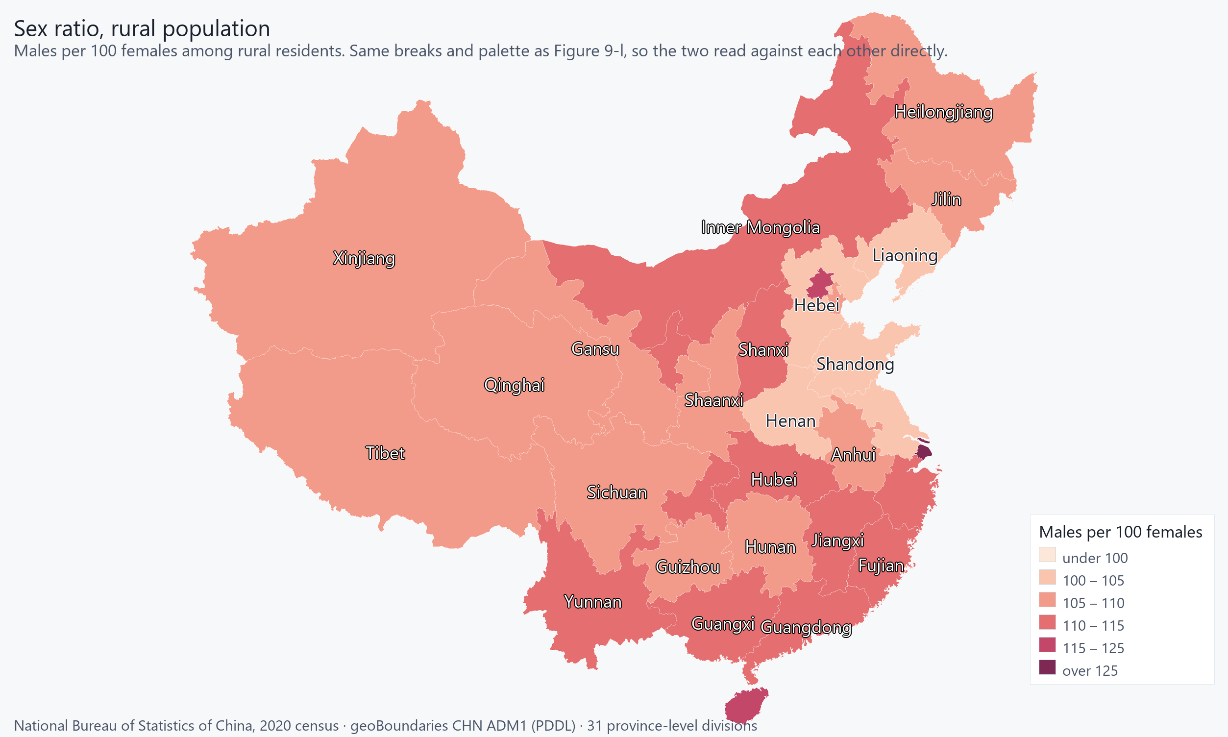 The 31 provinces shaded by males per 100 females among rural residents only.