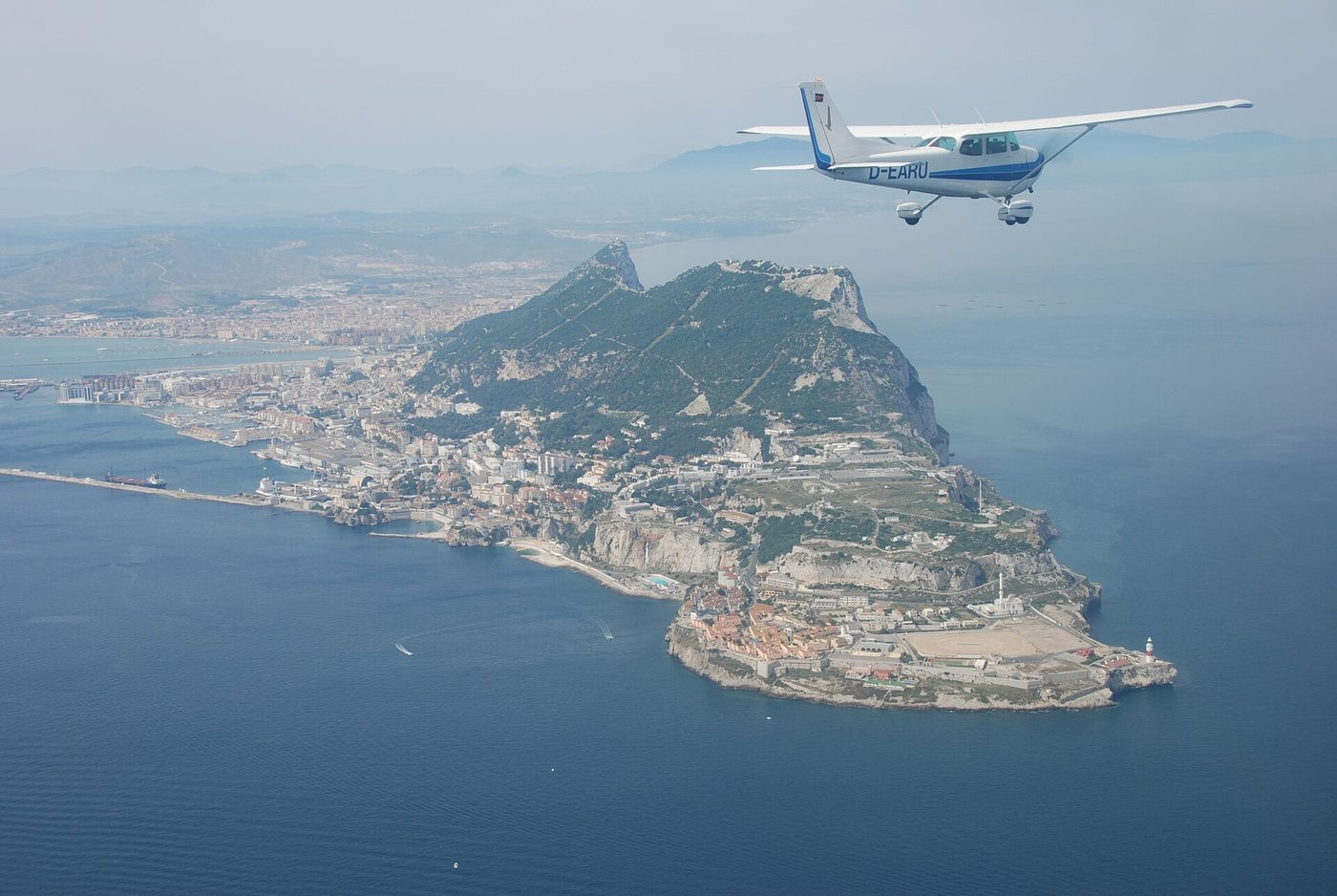 Aerial view of Gibraltar with light aircraft Cessna 172, Gibraltar