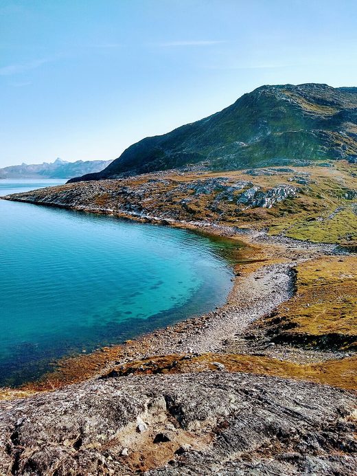 Cove in Fjord and beach Lille Malene hike near Nuuk Greenland, Greenland