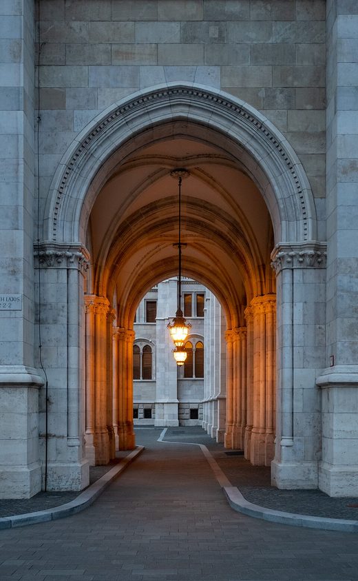 Arch of the Hungarian Parliament Building, at twilight, Hungary