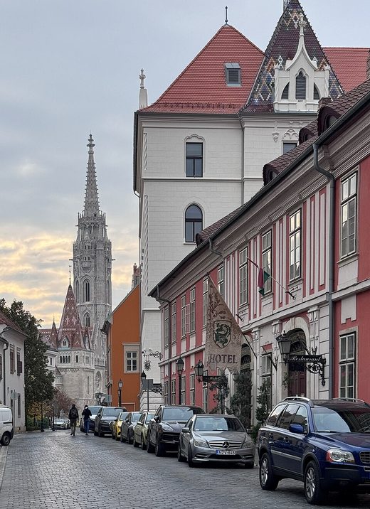 Budapest, the Fortuna utca, view to the tower of the Matthias Church, Hungary