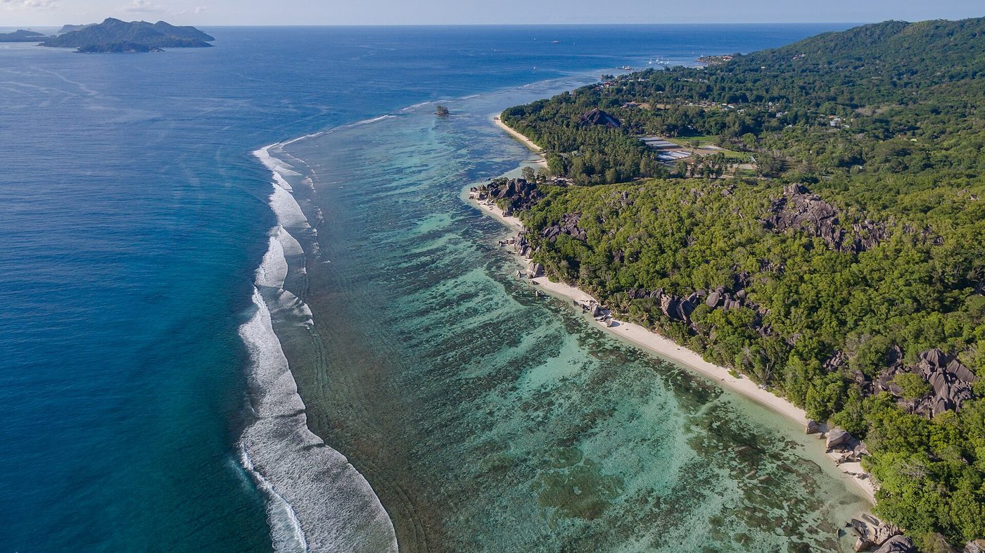 Anse Source d'Argent beach aerial, La Digue Seychelles (39616938791), Seychelles